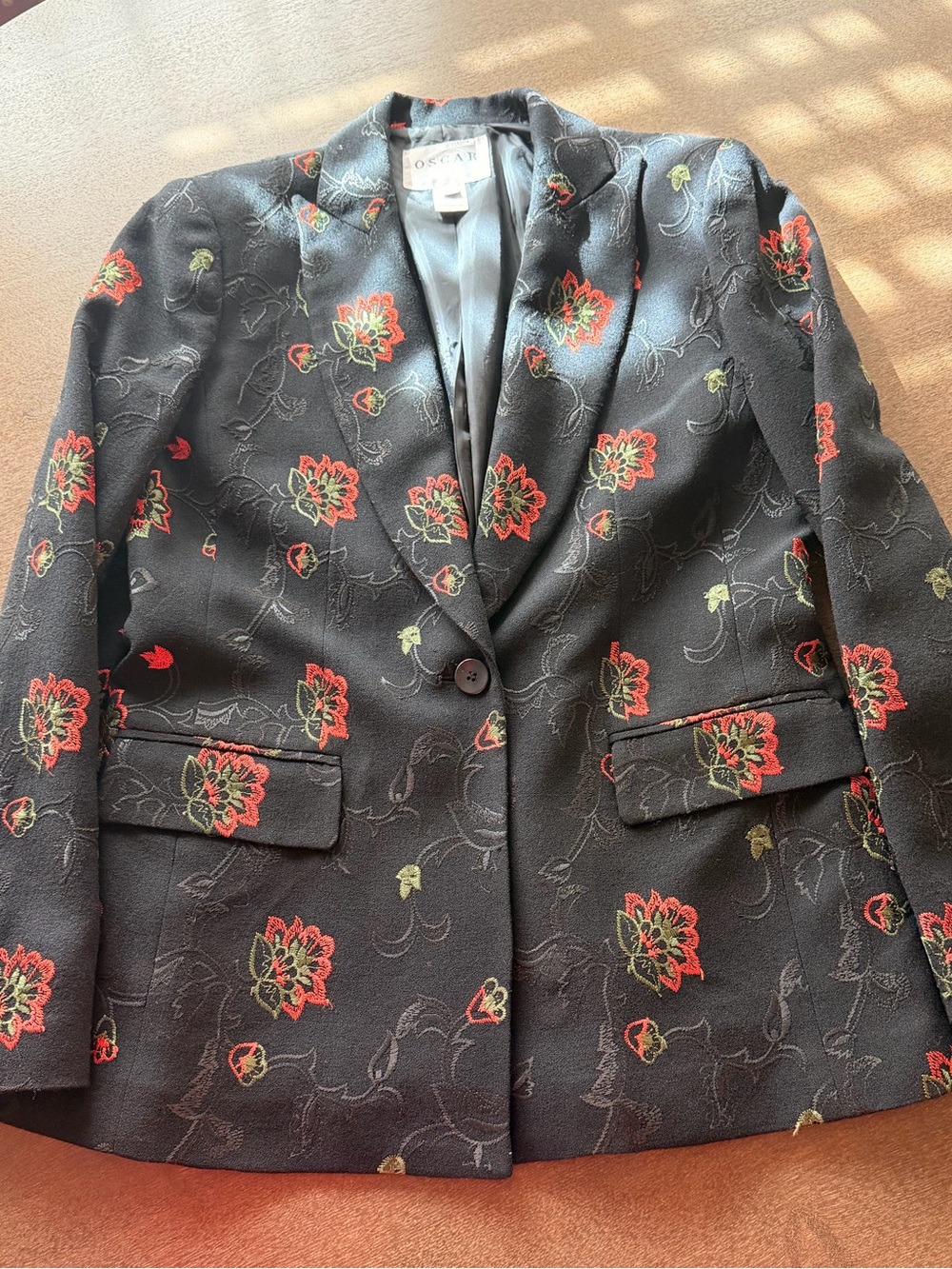Vintage 90s Oscar by Oscar de la Renta Black Wool Embroidered Floral Blazer 6 - Picture 12 of 16